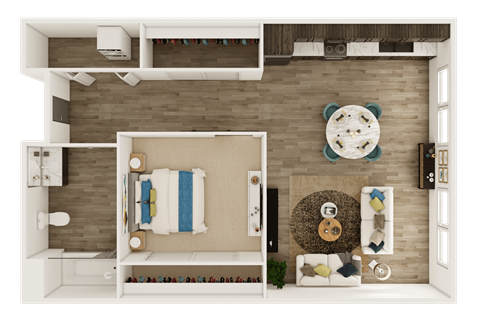 Floor plan for 1 bed, 1 bath, 586 sqft